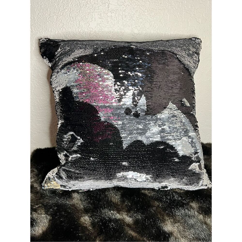 Pier 1 Imports Spider & Bat Reversible Sequined Halloween Pillow black silver 16